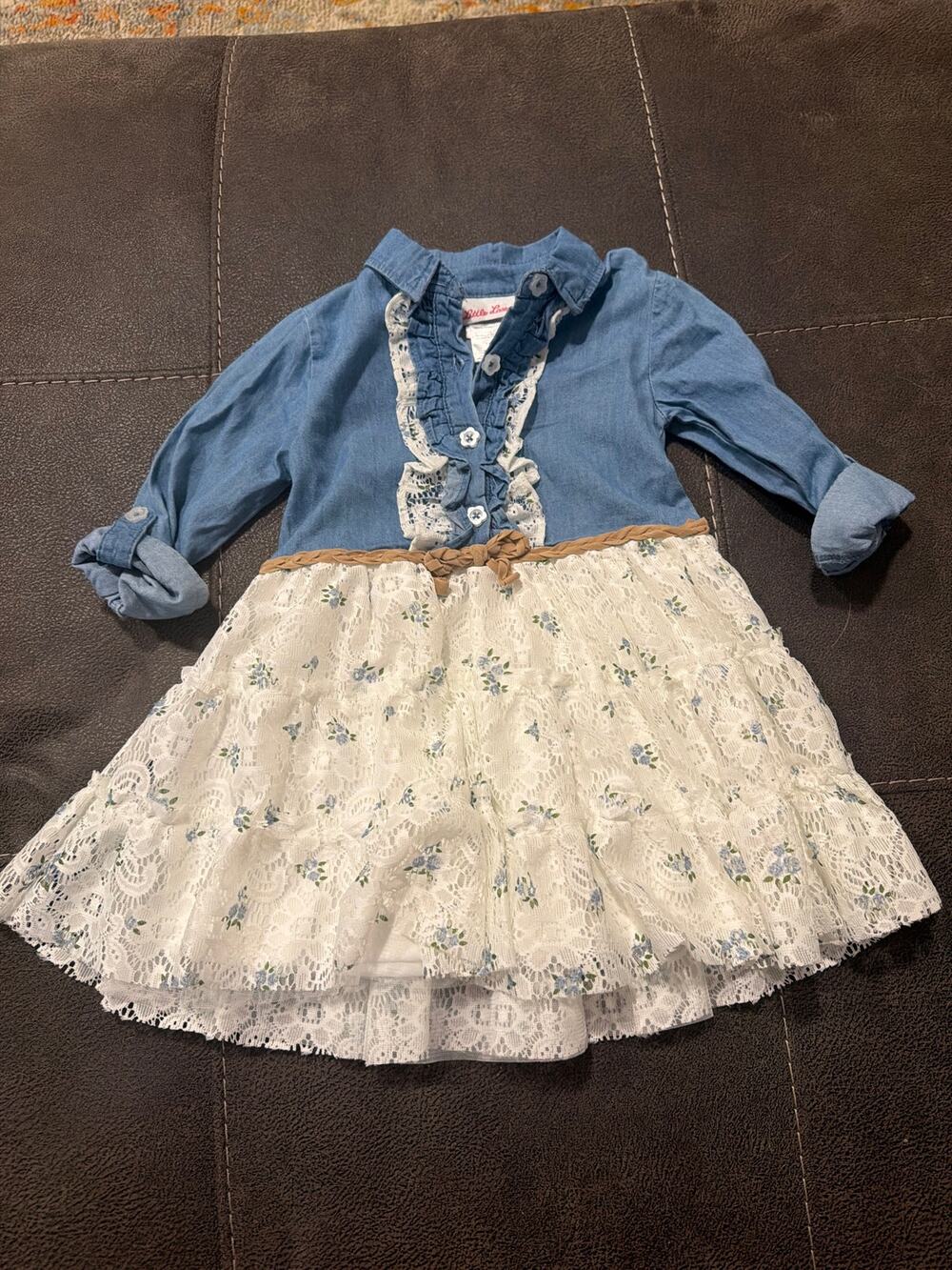 Little Lass Baby Infant Girls Western Denim Lace Dress Size 24M